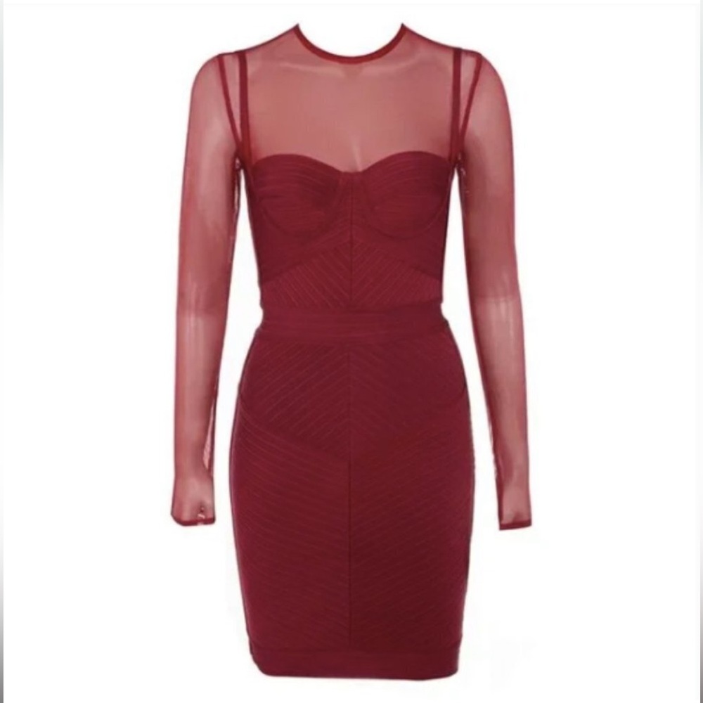 NWT House of CB Red Bandage Mesh Mini Dress Long Sleeves XS Noelle